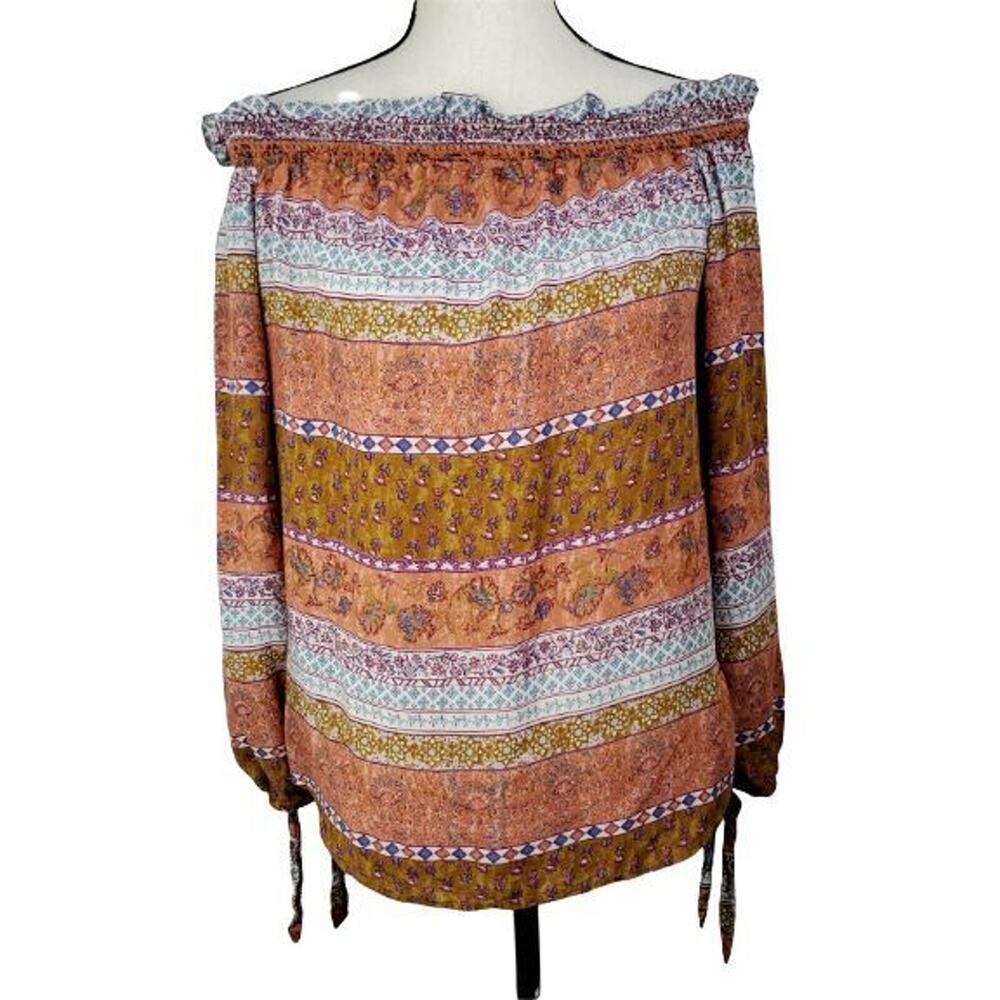 Beach Lunch Lounge Kate Blouse‎ Womens Sz XS Brown Blue Floral Off Shoulder Boho